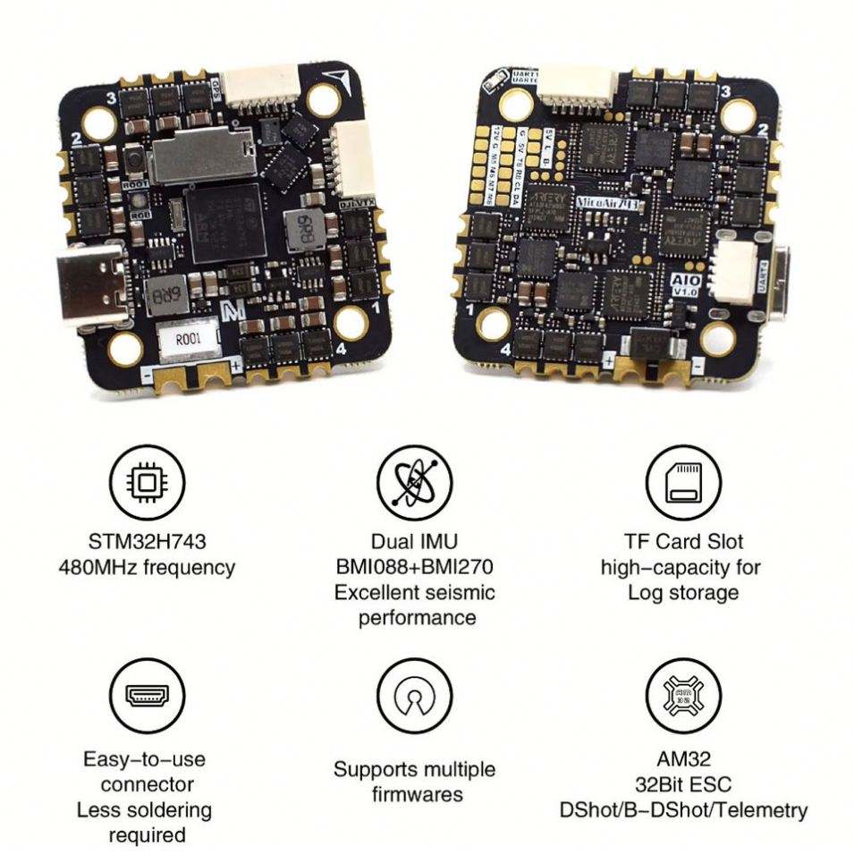 MicoAir H743 AIO 35A AM32 25.5x25.5 3-6S飞行控制器工业级双IMUs 480MHz开源32位ESC遥控器
